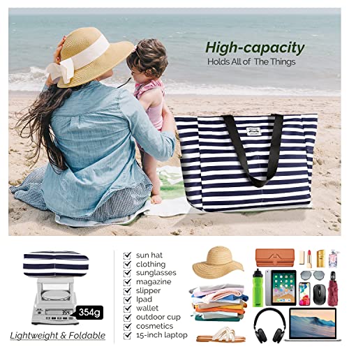 HOMESPON Waterproof Beach Tote Bag with Zip (Blue Stripes)