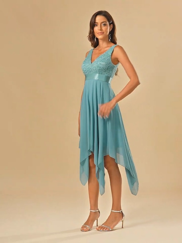V Neck Lace Chiffon Knee Length Dress