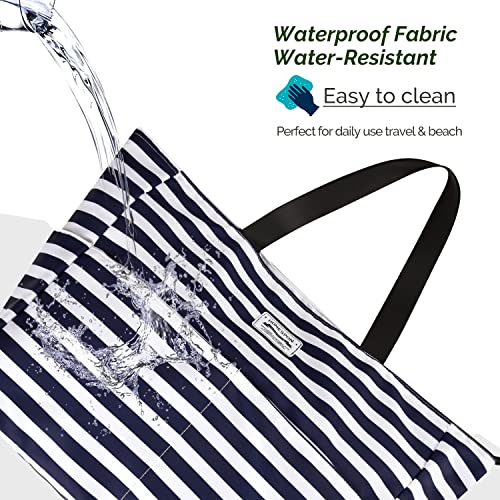 HOMESPON Waterproof Beach Tote Bag with Zip (Blue Stripes)