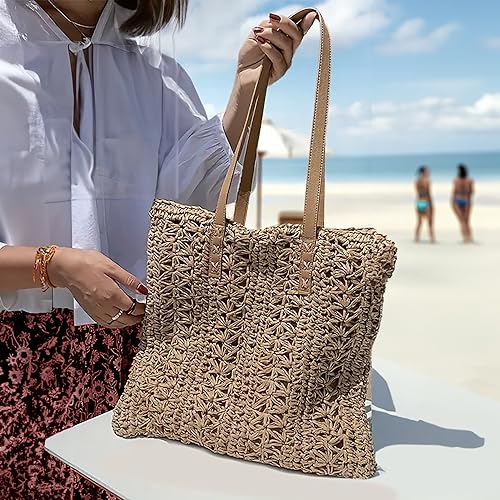 Straw Shoulder Bag, Medium & Large, Leather Handles