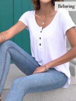 Casual V Neck Pleated Tunic Blouse
