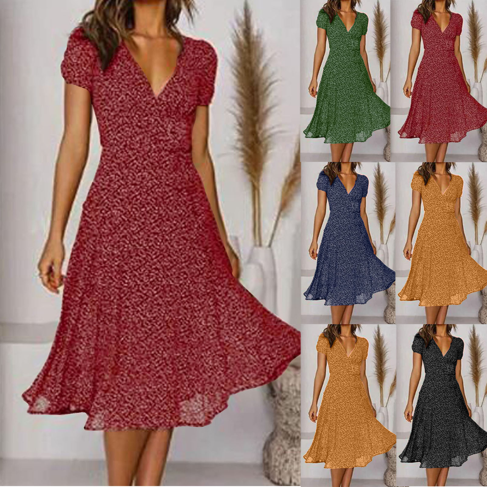 Women's V-Neck Polka Dot Maxi Dress with Bell Sleeves
