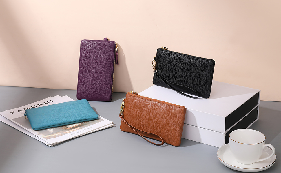 RFID Blocking Leather Wristlet Bag