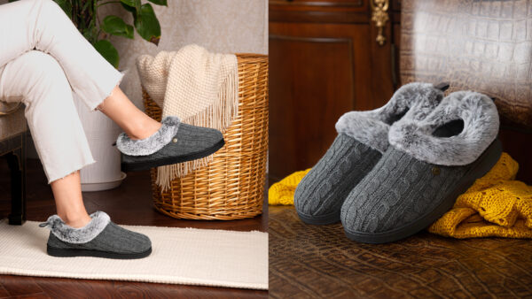Cable Knit Slippers with Fuzzy Collar