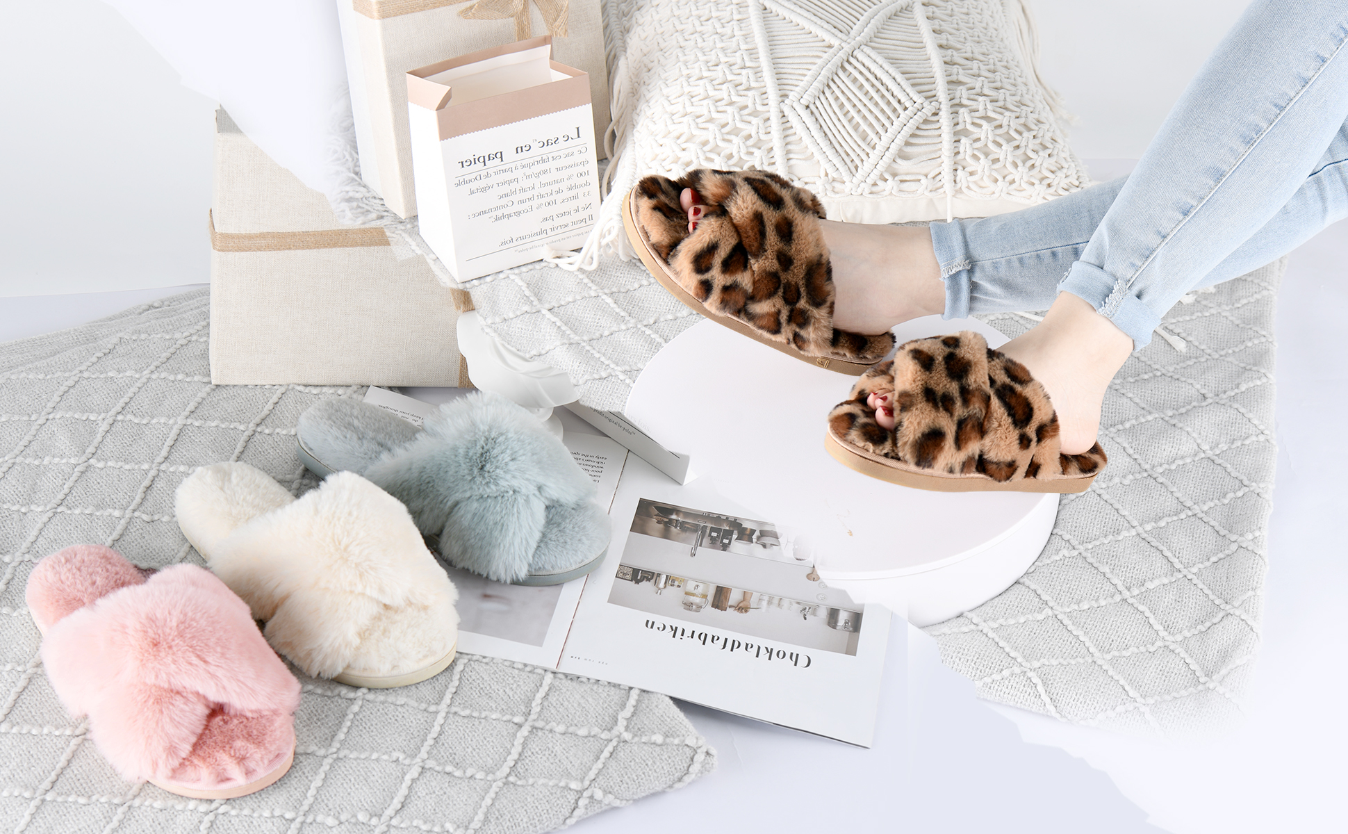 Fluffy Cross Band House Slippers
