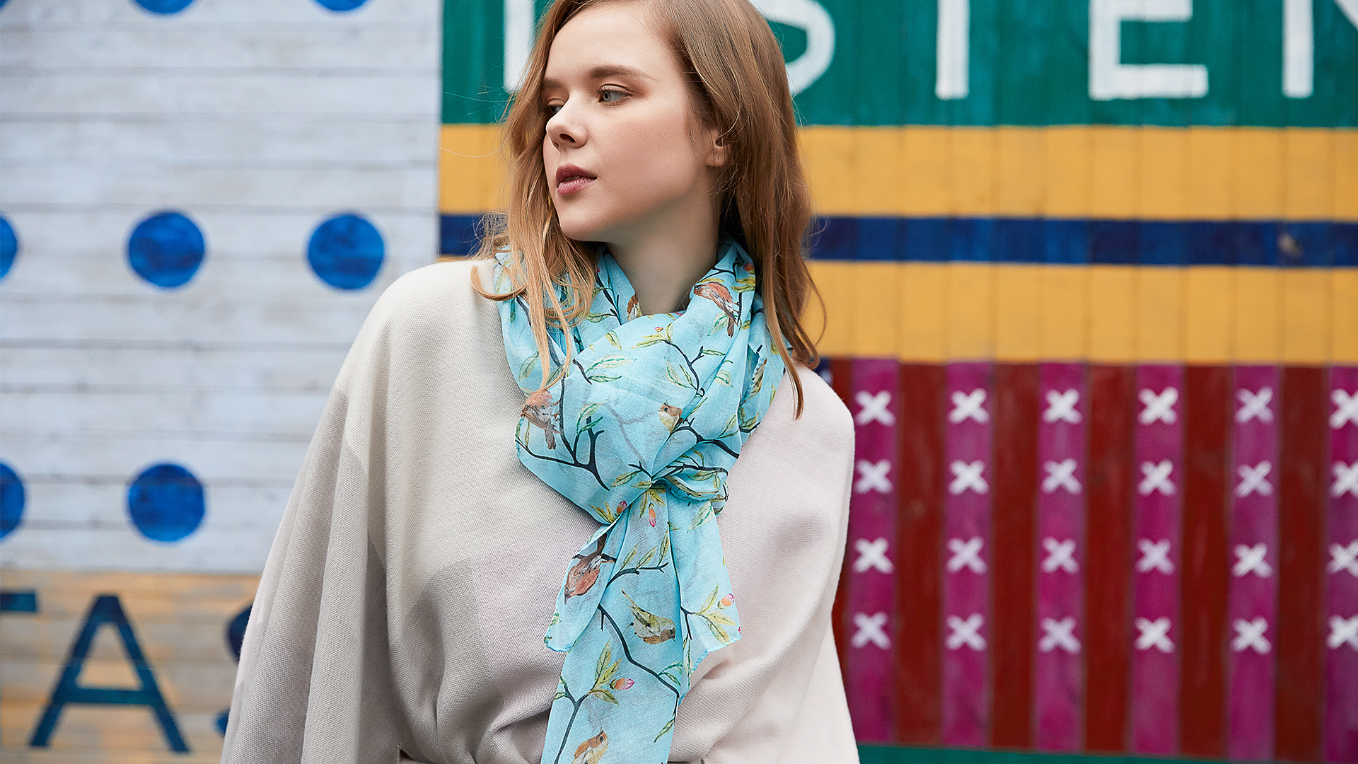 Bird Print Floral Scarf Shawl Wrap